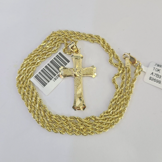 10k Solid Rope Chain 2mm Necklace Jesus Cross Pendant Charm SET 18-24 in