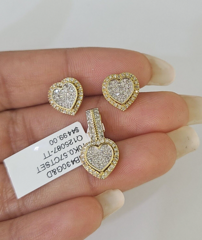 10k Diamond Heart Earrings Pendant Charm SET Yellow Gold