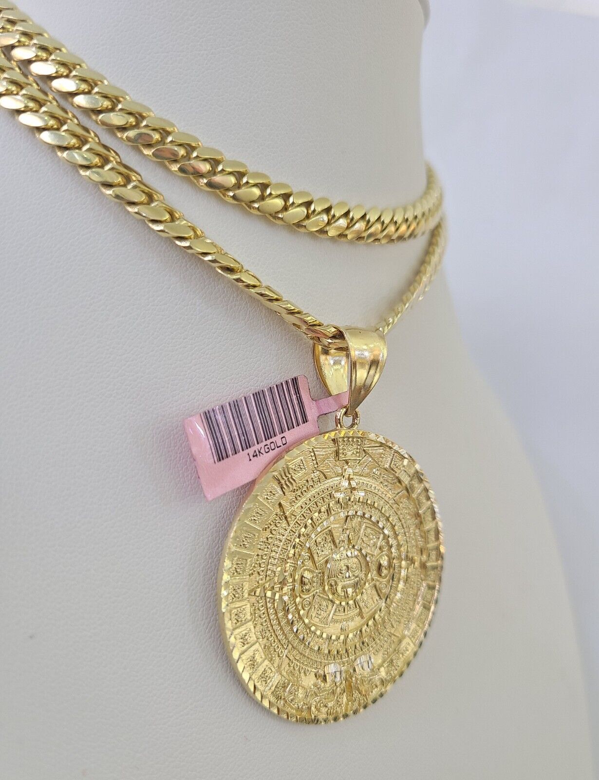 Real 14k Solid Chain Mayan Calendar Charm Set Miami Cuban Link 6mm Necklace