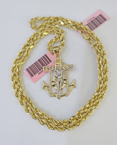 14k Solid Rope Chain Jesus Anchor Charm Set 4mm 18-28" Inch Necklace Yellow Gold