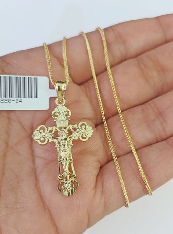 10K Solid Franco Chain INRI Jesus Cross Pendant Charm Necklace 18"-24" 1.5mm