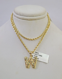 10k Gold Initial W Charm Rope Chain 16"-26" 2.5mm SET Necklace Alphabet Pendant