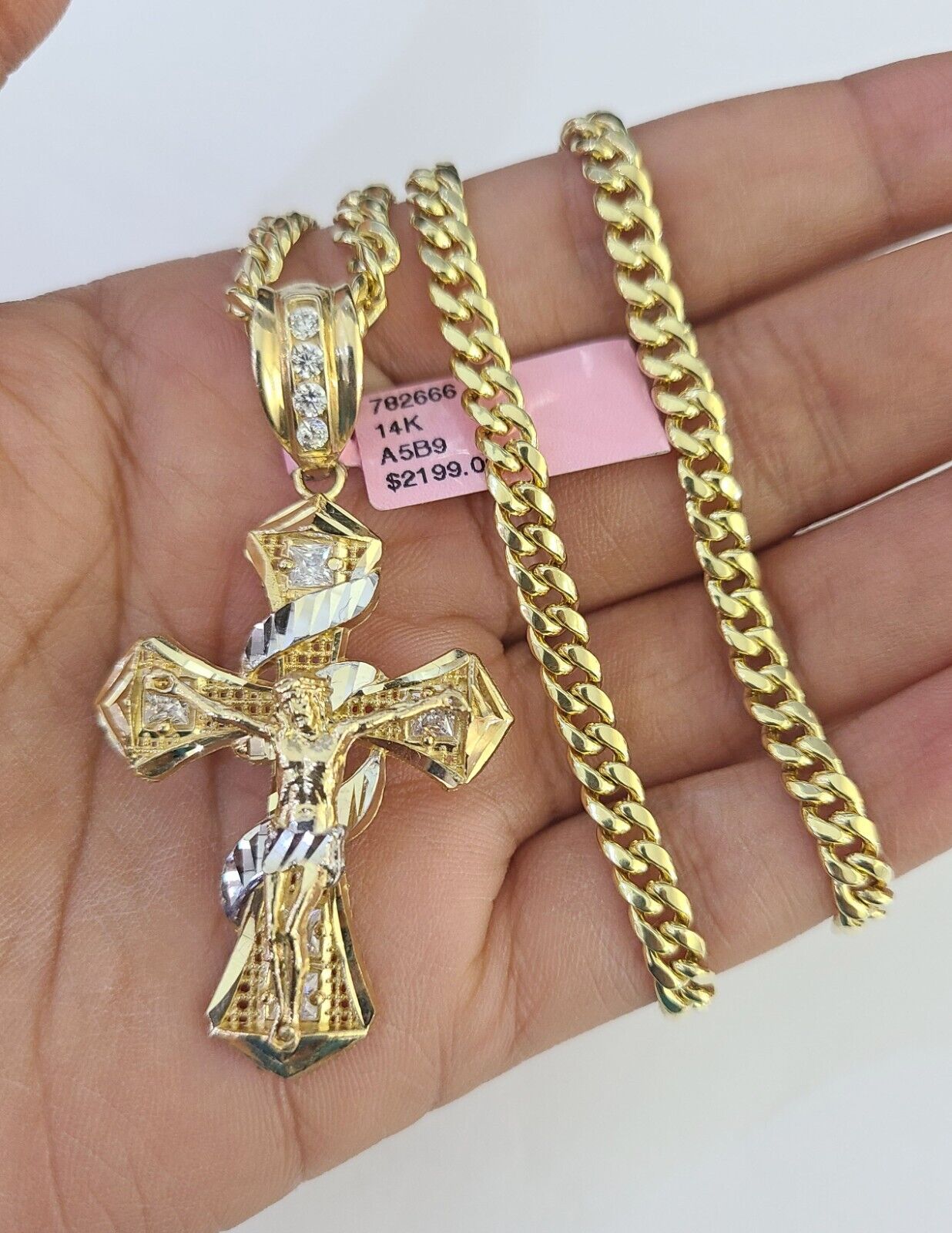 Real 14k Chain Cross Charm Set Miami Cuban Link 5mm 18"-30" Necklace Pendant