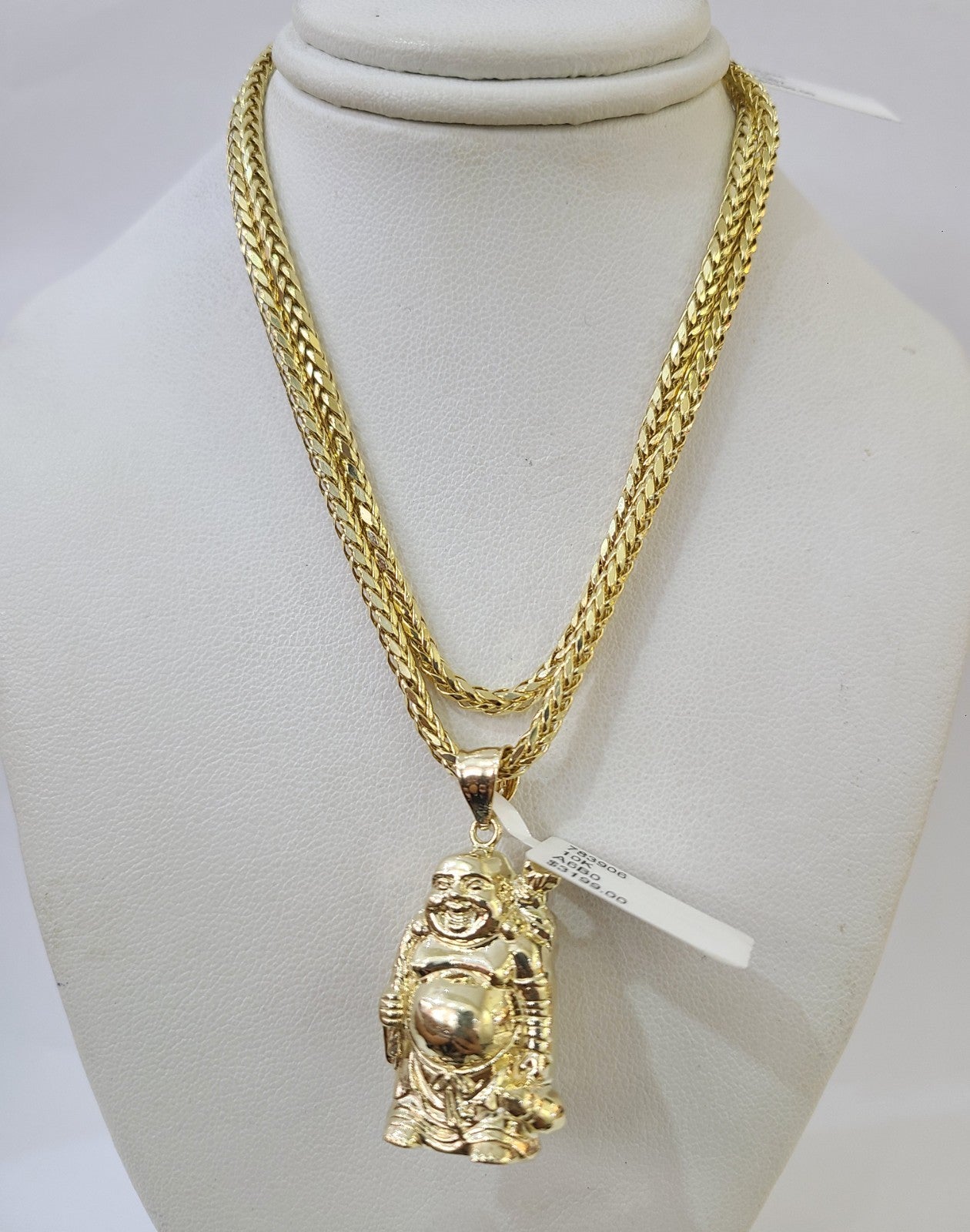 REAL 10k Yellow Gold Palm Chain Laughing Buddha Pendant Charm 3mm Necklace SET