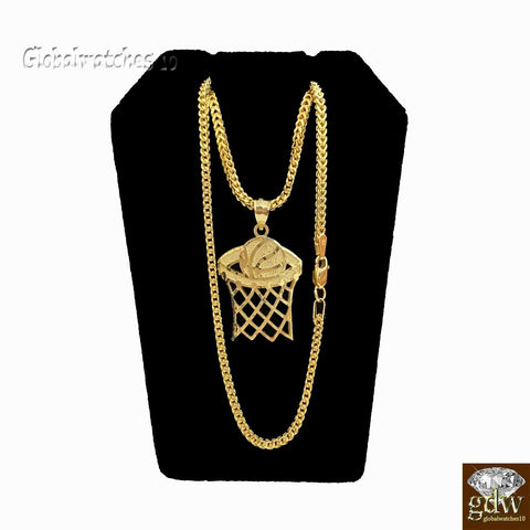 10k Gold Basketball Pendant Franco Chain 20" 22" 24" Inch Real