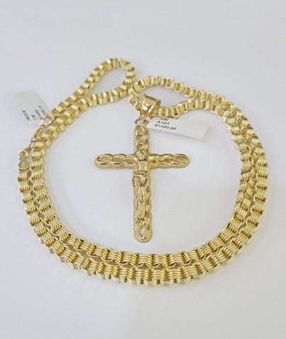 10k Gold Byzantine Box Necklace Jesus Cross Charm 18"-26" SET Yellow Real