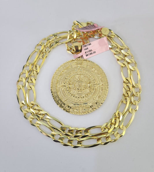 14k Figaro Chain Mayan Calendar Charm Pendant Gold 7mm 20-30 inch SET Necklace