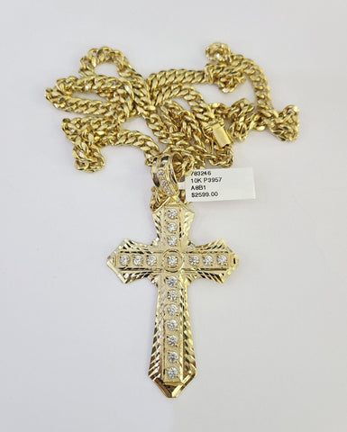 10K Miami Cuban Link Chain Jesus Cross Pendent Charm 6mm 20"-30" Necklace