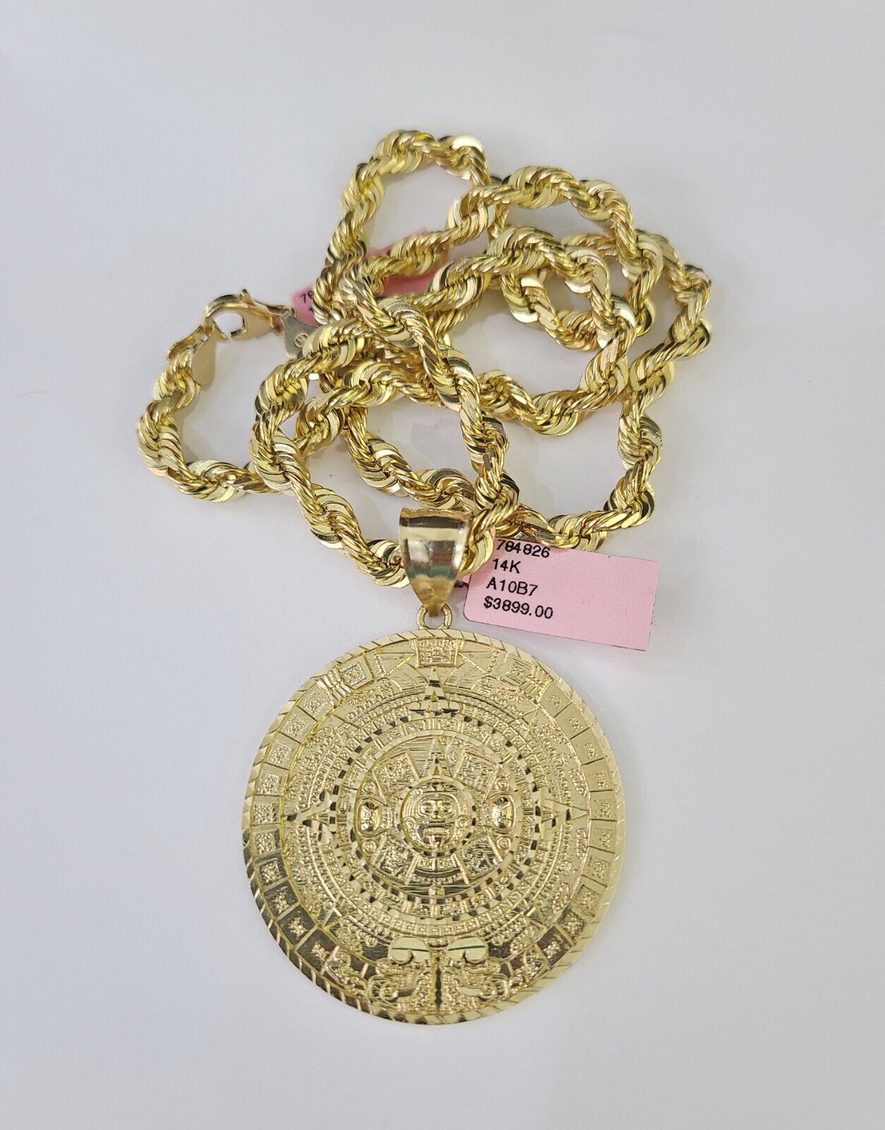 Real 14k Solid Rope Chain Mayan Calendar Charm Set 6mm 18"-30" Necklace Gold