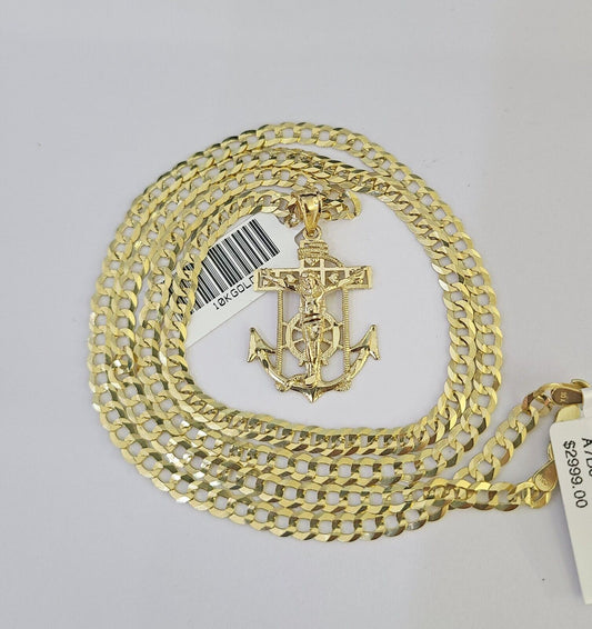 10k Gold Cuban Curb Chain Jesus Anchor Charm Solid 4mm 18"-28" SET Necklace