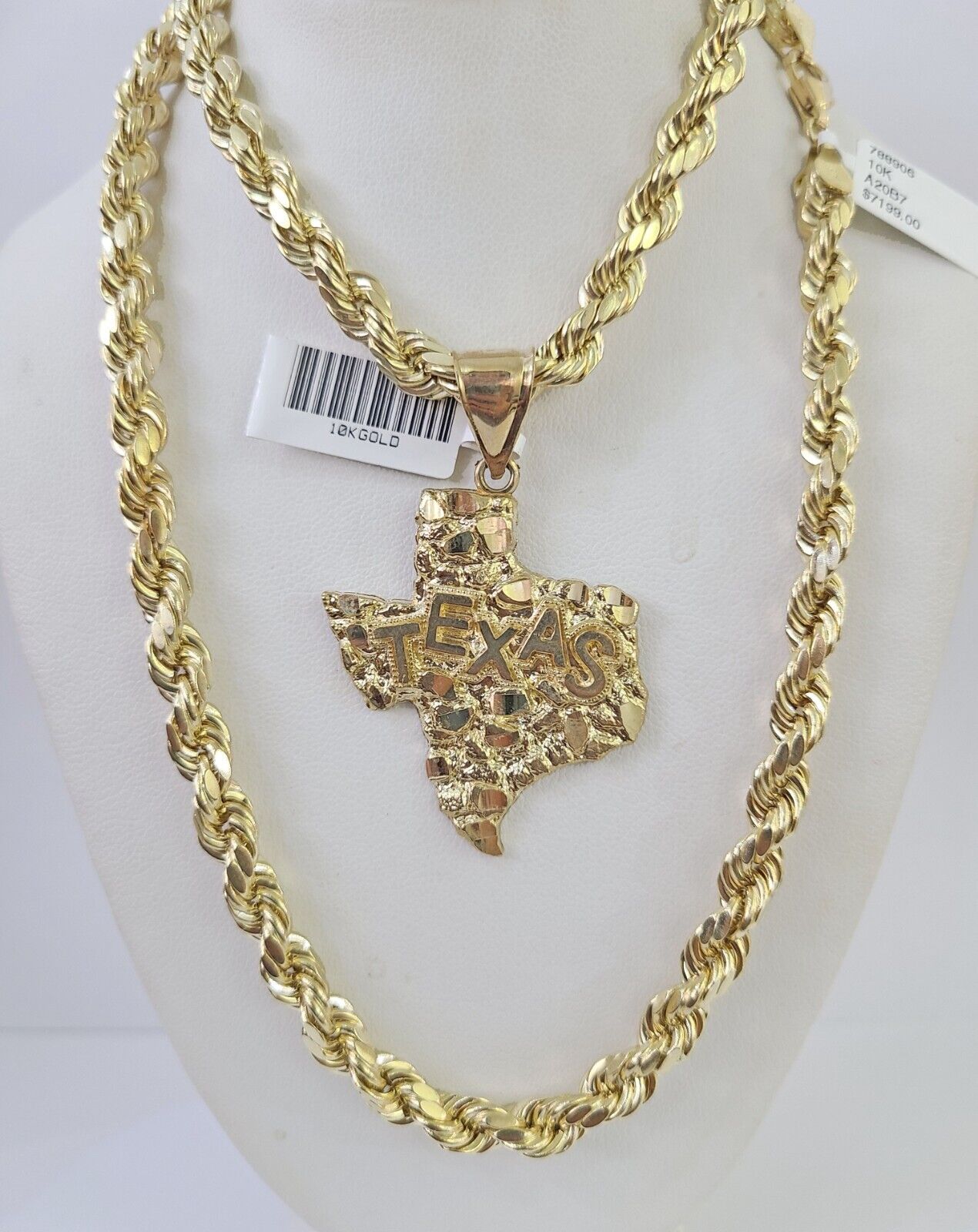 Real 10k Rope Chain Texas Map Charm Set 7mm 20"-28" Inch Necklace Gold