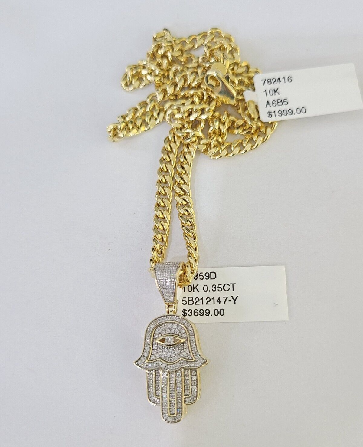 10k Yelow Gold Diamond Hamsa Hand Charm Miami Cuban Link Chain Necklace DISCOUNT