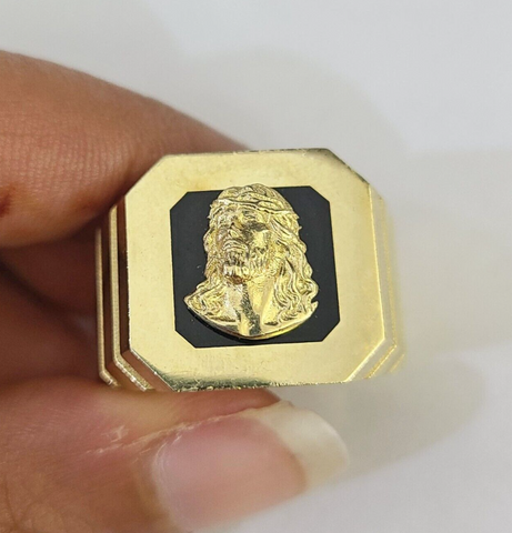 Real 10k Ring Jesus Head Fancy Black Design Yellow Gold Men Casual 10kt
