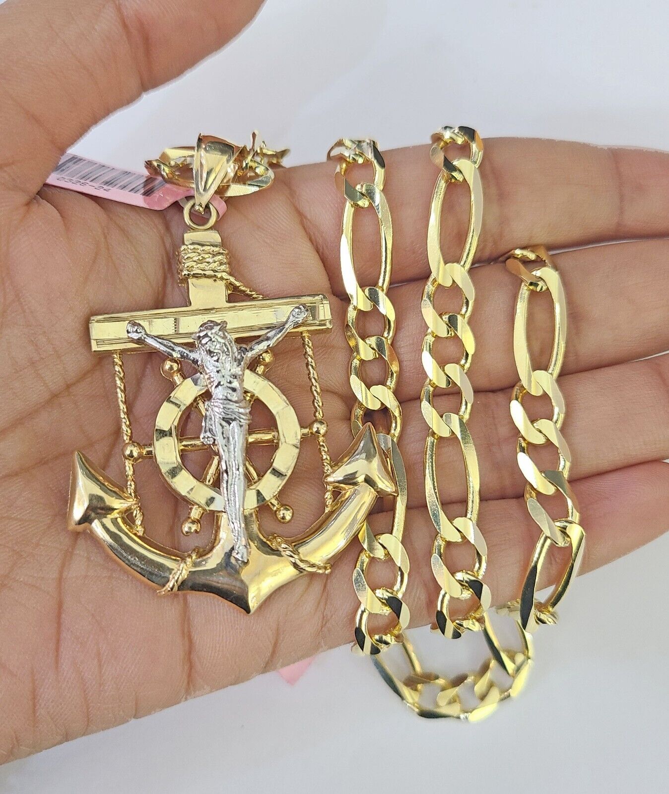 14k Figaro Chain Jesus Anchor Charm Pendant Gold 7mm 20-30 inch SET Necklace