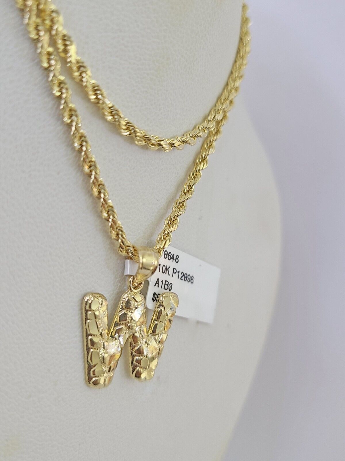 10k Gold Initial W Charm Rope Chain 16"-26" 2.5mm SET Necklace Alphabet Pendant