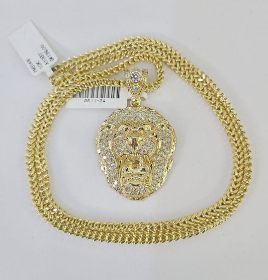 10K Franco Chain Roaring Lion Pendant Charm Necklace 20"-26" 3mm Gold Yellow SET