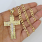 10k Gold Chain Cuban Curb Jesus Cross Charm Pendant Link 5mm 18"-28" Inch SET