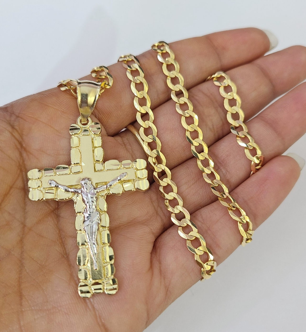 10k Gold Chain Cuban Curb Jesus Cross Charm Pendant Link 5mm 18"-28" Inch SET
