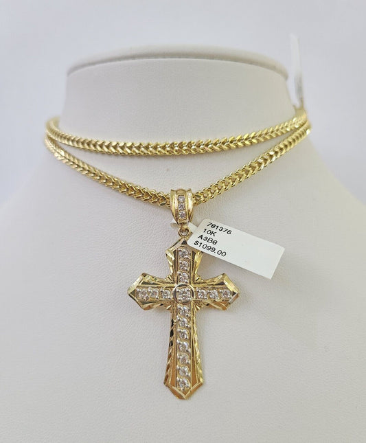 10K Franco Chain Jesus Cross Pendant Charm Necklace 20"-26" 3mm Gold Yellow SET