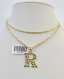 10k Solid Rope Chain 2mm R Initial Pendant Charm Necklace SET 18-22" Ladies