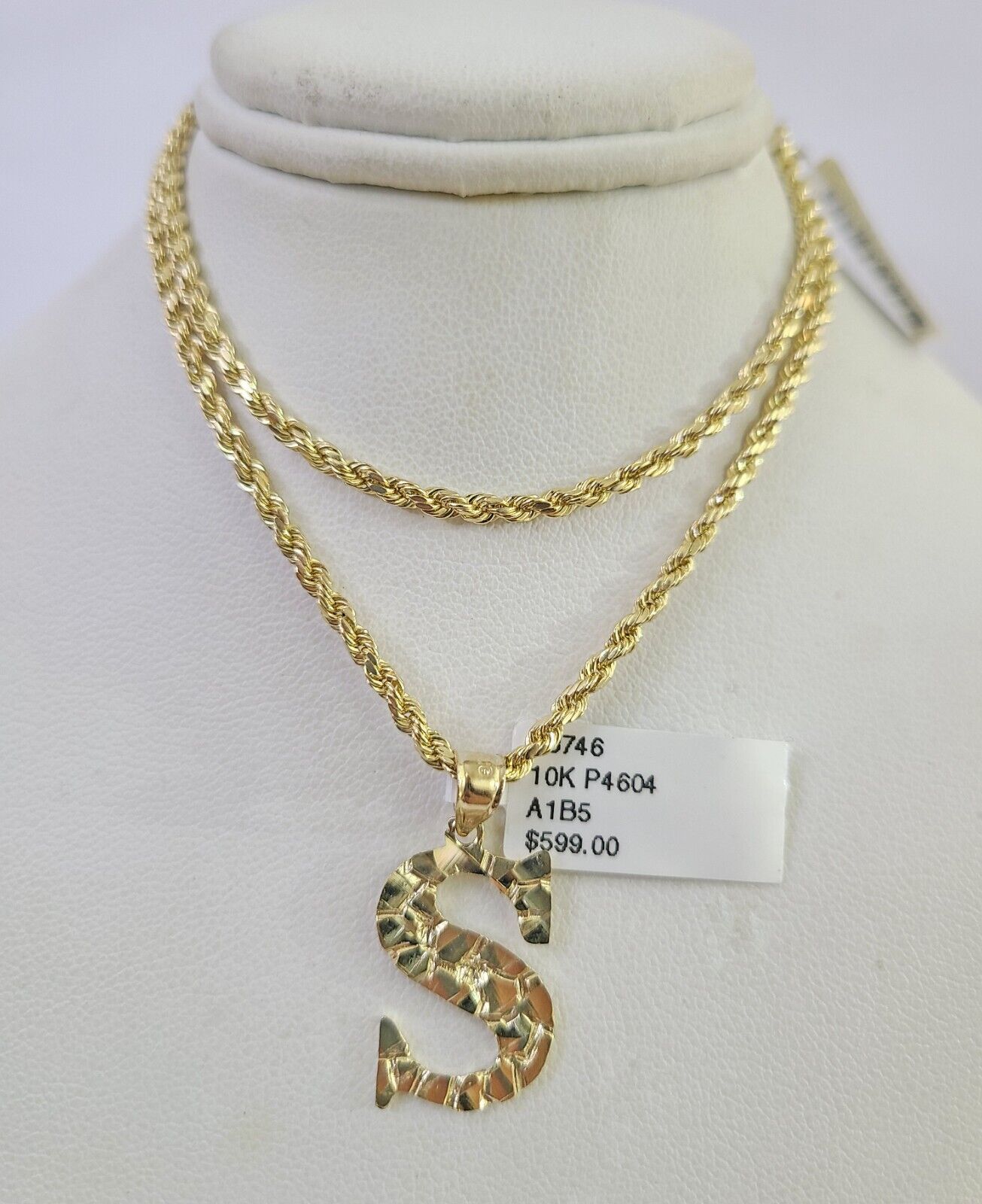 10k Gold Initial S Charm Rope Chain 16"-26" 2.5mm SET Necklace Alphabet Pendant