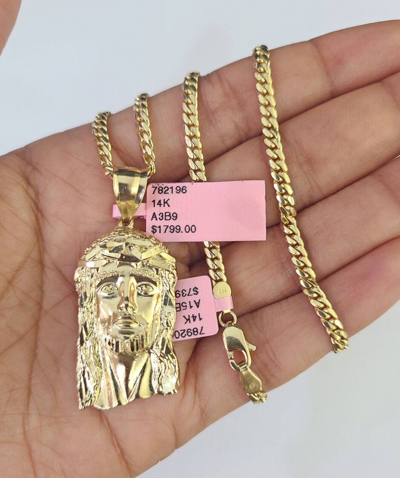 Real 14k Solid Chain Jesus Head Charm Set Miami Cuban 3mm Necklace Pendant