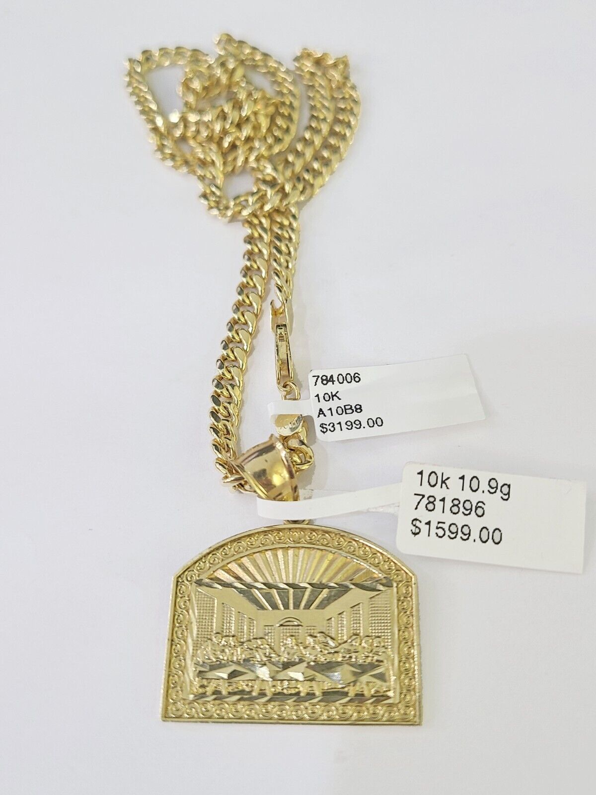 10k Yellow Gold Chain Last Supper Charm Pendant Set 5mm Miami Cuban Necklace