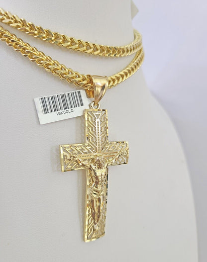 10K Franco Chain Jesus Cross Pendant Charm Necklace 20"-26" 5mm Gold SET Yellow