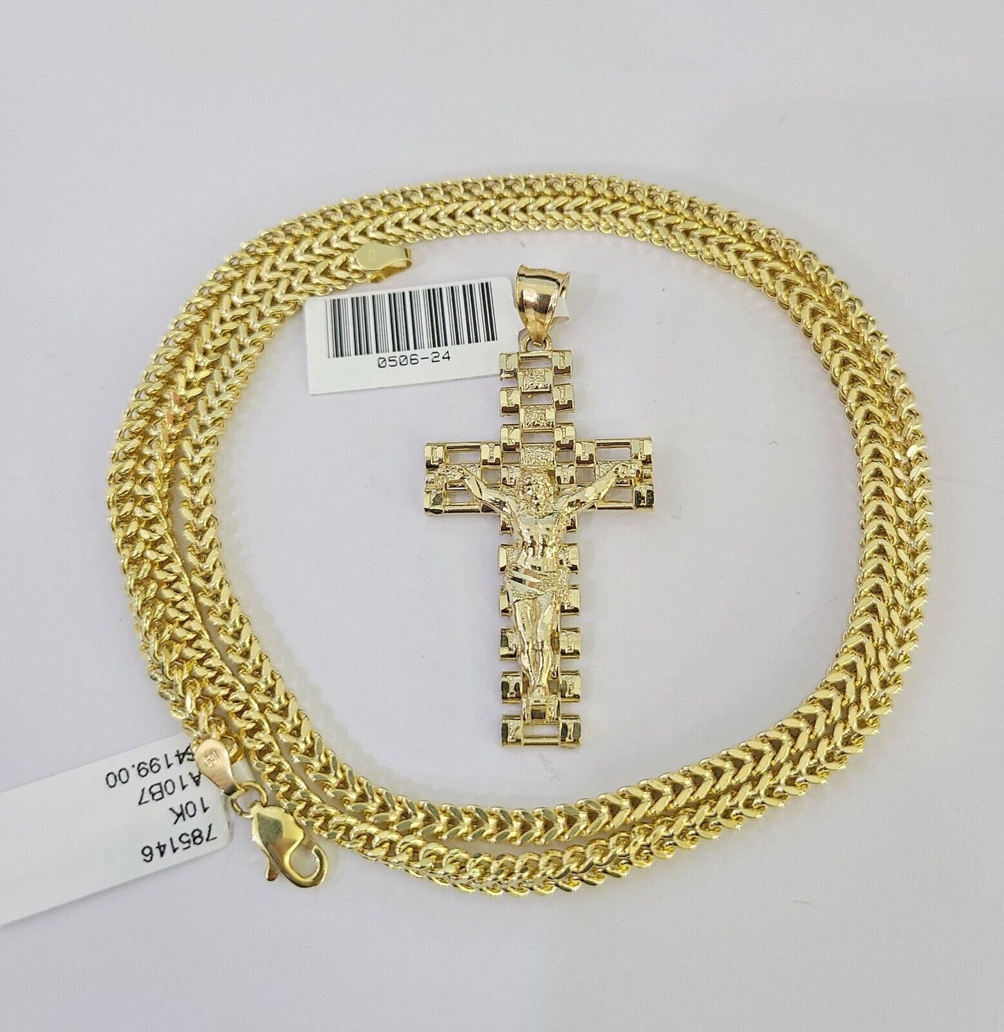 10K Franco Chain Jesus Cross Pendant Charm Necklace 20"-26" 3mm Gold Yellow SET