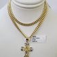 10k Gold Chain Miami Cuban Jesus Cross Charm Pendant Set 4mm 18"-28" Necklace