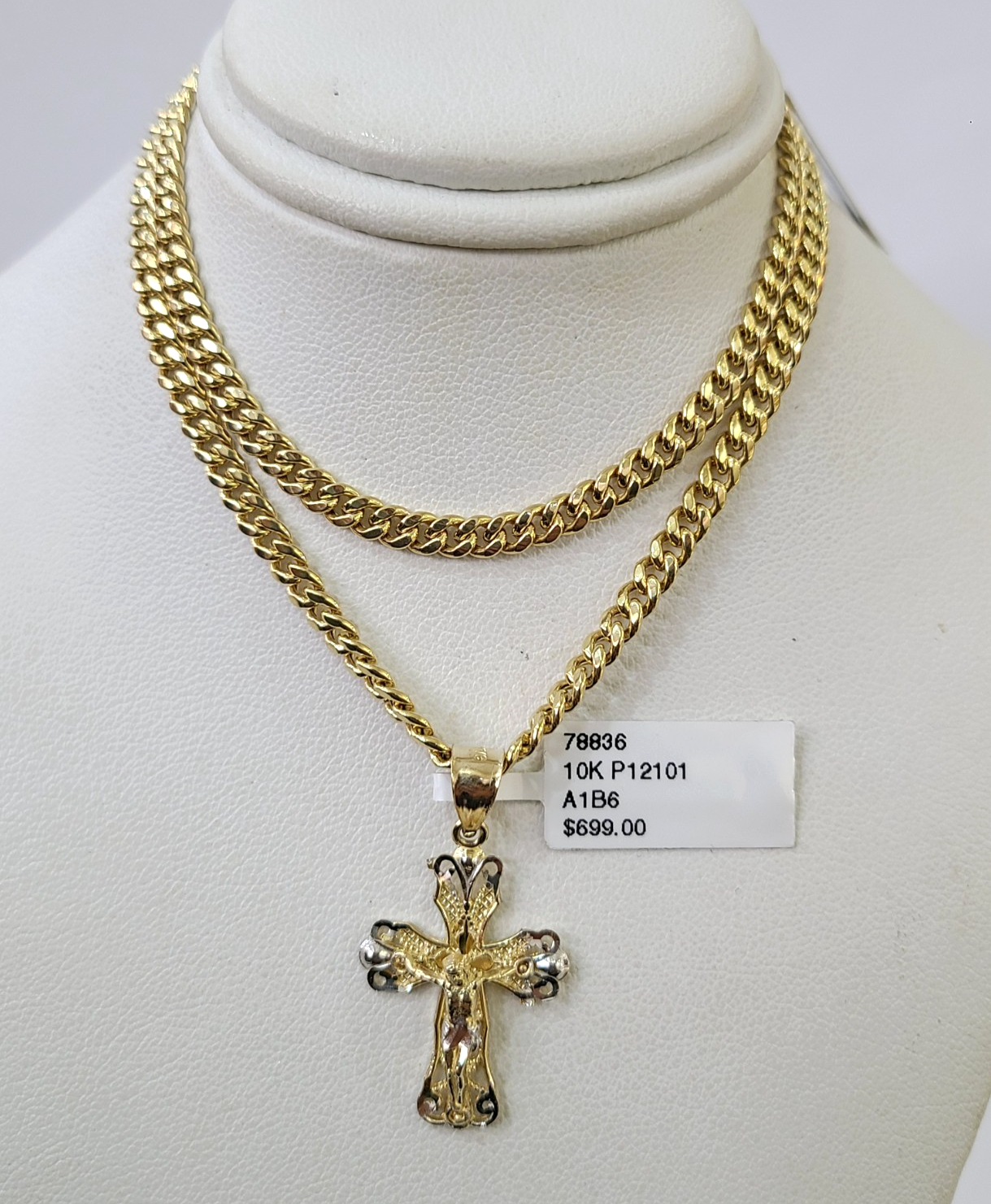 10k Gold Chain Miami Cuban Jesus Cross Charm Pendant Set 4mm 18"-28" Necklace