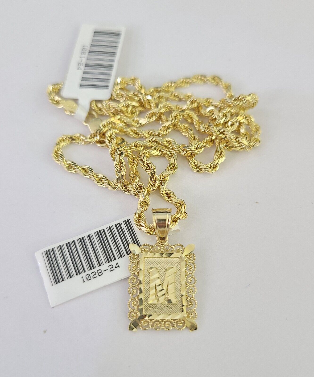 10k Gold Initial M Charm Rope Chain 16"-26" 2.5mm SET Necklace Alphabet Pendant