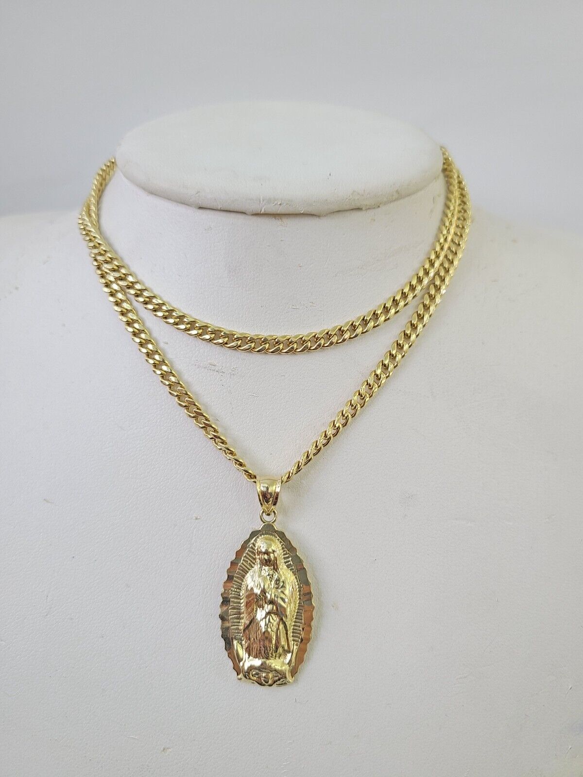 10k Miami Cuban Chain Virgin Mary Charm Set 4mm 18"-28" Necklace Yellow Gold