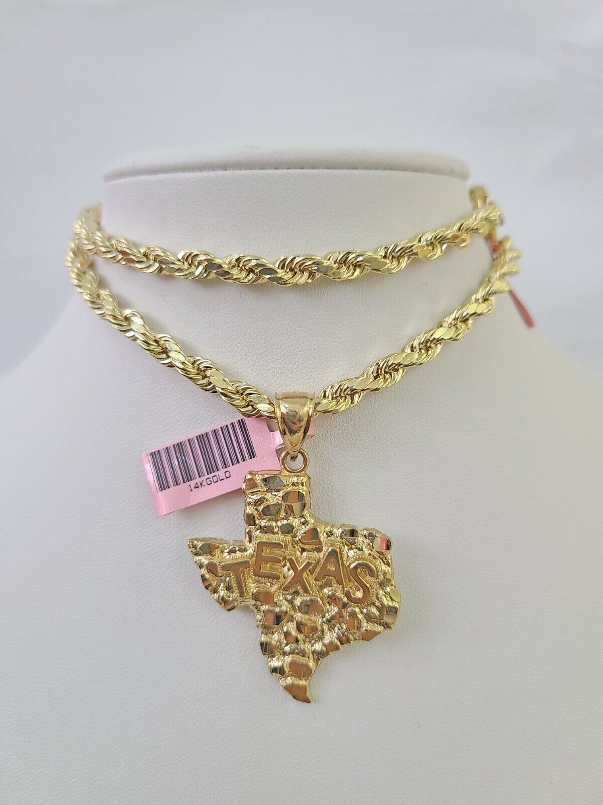 Real 14k Rope Chain Texas Map Charm Set 6mm 18"-26" Necklace Yellow Gold