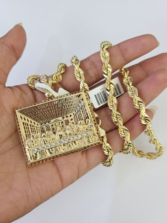 Real 10k Solid Rope Chain Last Supper Charm Set 6mm 20"-30" Inch Necklace Gold