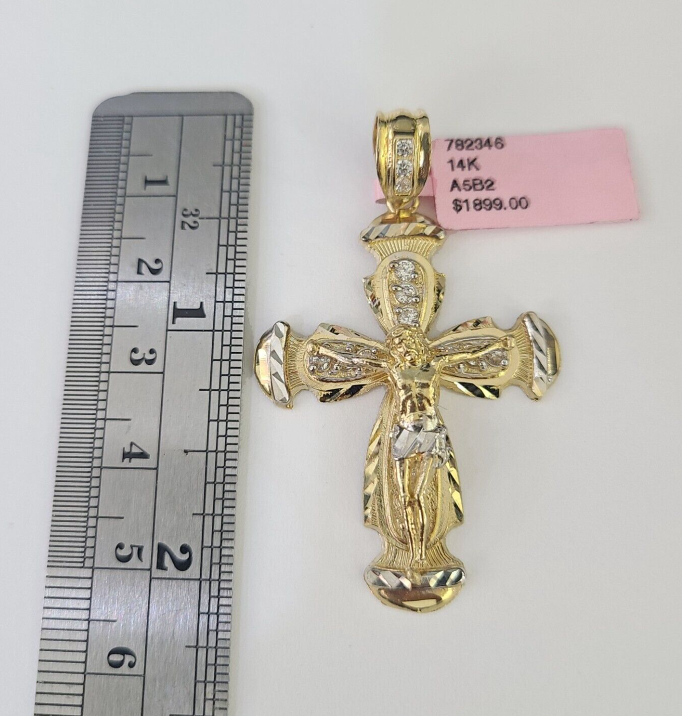 14k Jesus Christ CZ Cross Charm Pendant Yellow Gold REAL Genuine Diamond Cuts