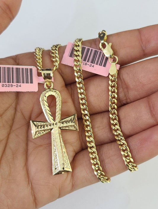 Real 14k Chain Cross Charm Set Miami Cuban Link 4mm Necklace Pendant Yellow Gold