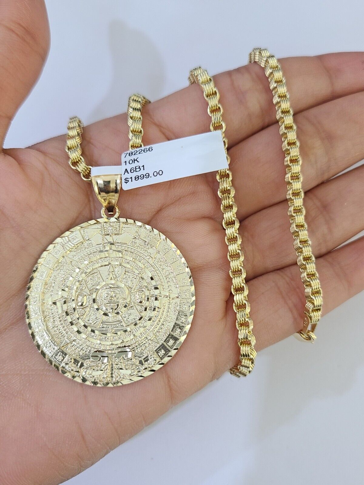 10k Gold Byzantine Necklace Mayan Calendar Charm 18-26 inches 3mm SET Chain