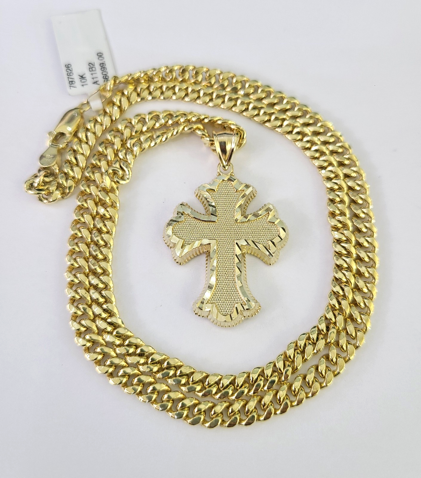 10k Miami Cuban Chain Jesus Cross Charm Pendant Set 5mm 18"28" Necklace Gold