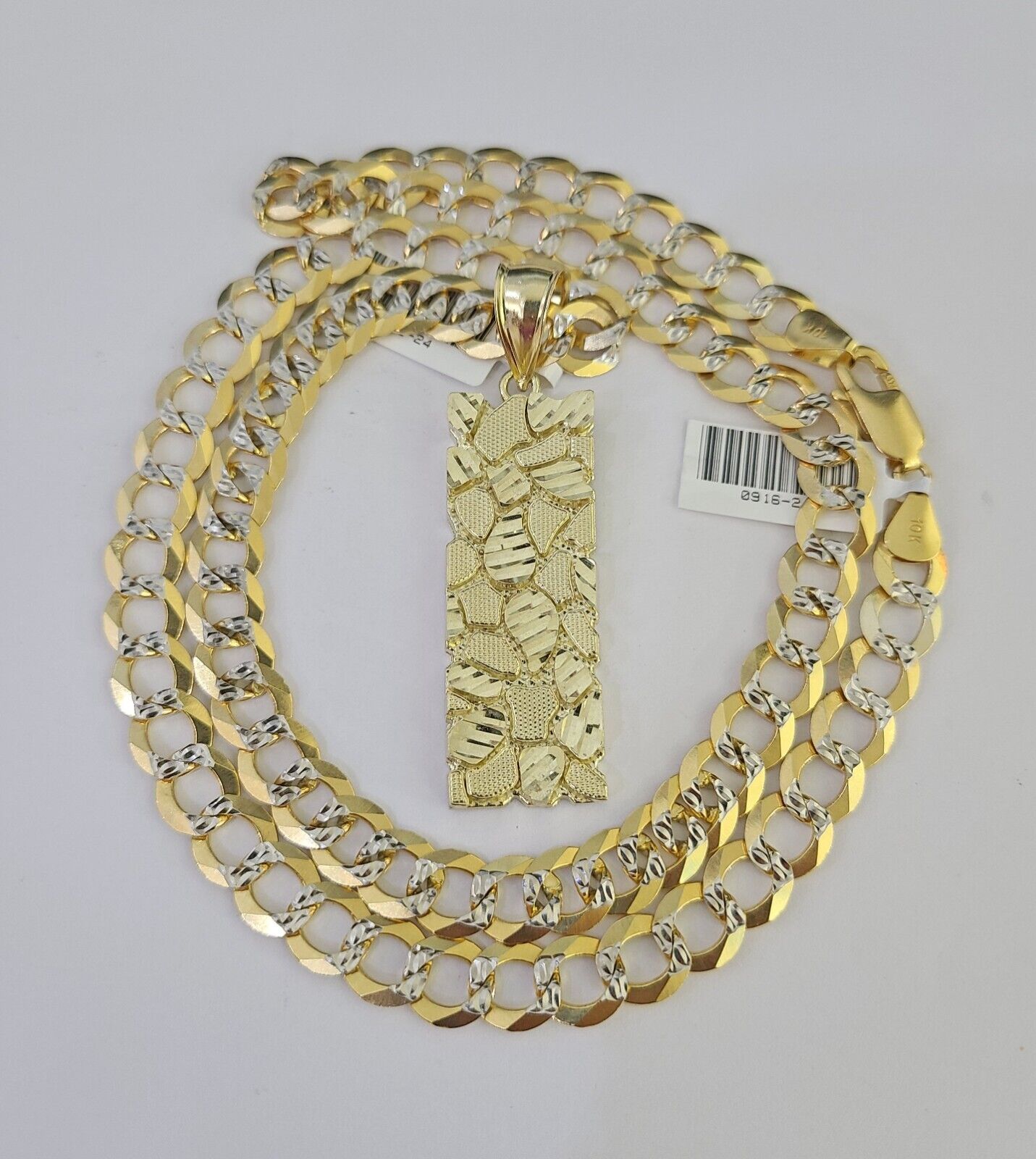 10k Gold Chain Nugget Charm Solid Cuban Curb Necklace 9mm 20"-30" SET