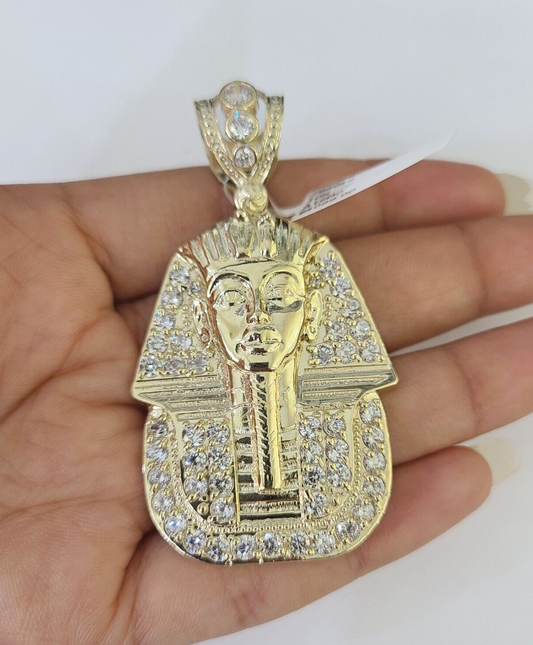 10k Egyptian Pharaoh Head Charm Pendant Yellow Gold 2.5" Inch Men Women Real