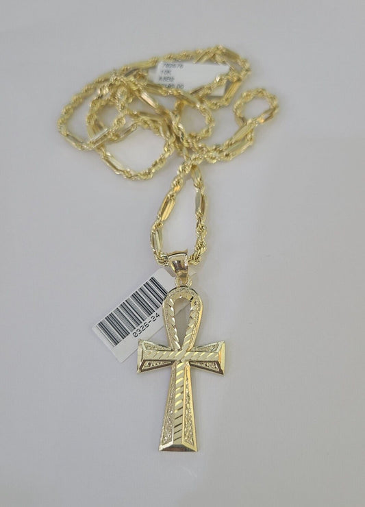 10k Milano Rope Chain Ankh Jesus Cross Charm Necklace SET 3mm 18" 20" 22" 24"