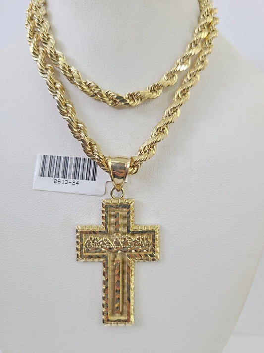 Real 10k Rope Chain Jesus Cross Charm Necklace Pendant Set 5mm 20"-30" Inch Gold