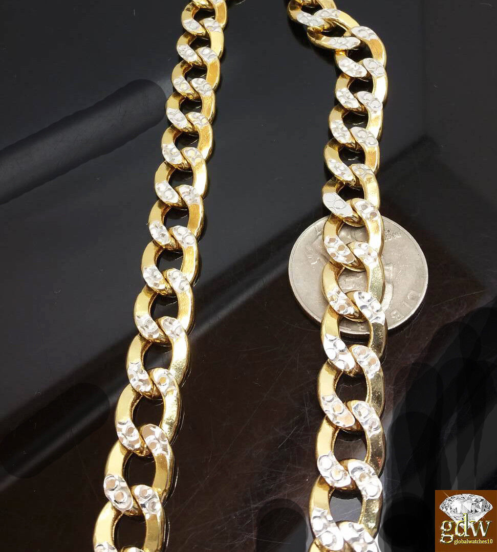 Real 10k Gold Cuban Curb Link Chain 10mm 24 Inch Two-tone Diamond Cut Necklace