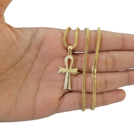 Real 10k Gold Ankh Cross Pendent 2mm Franco Chain 18"-30" Inch