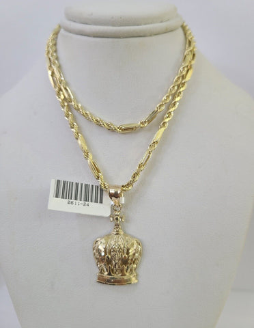 10k Milano Rope Chain Imperial Crown Charm Necklace SET 3mm 18"-26" Pendant
