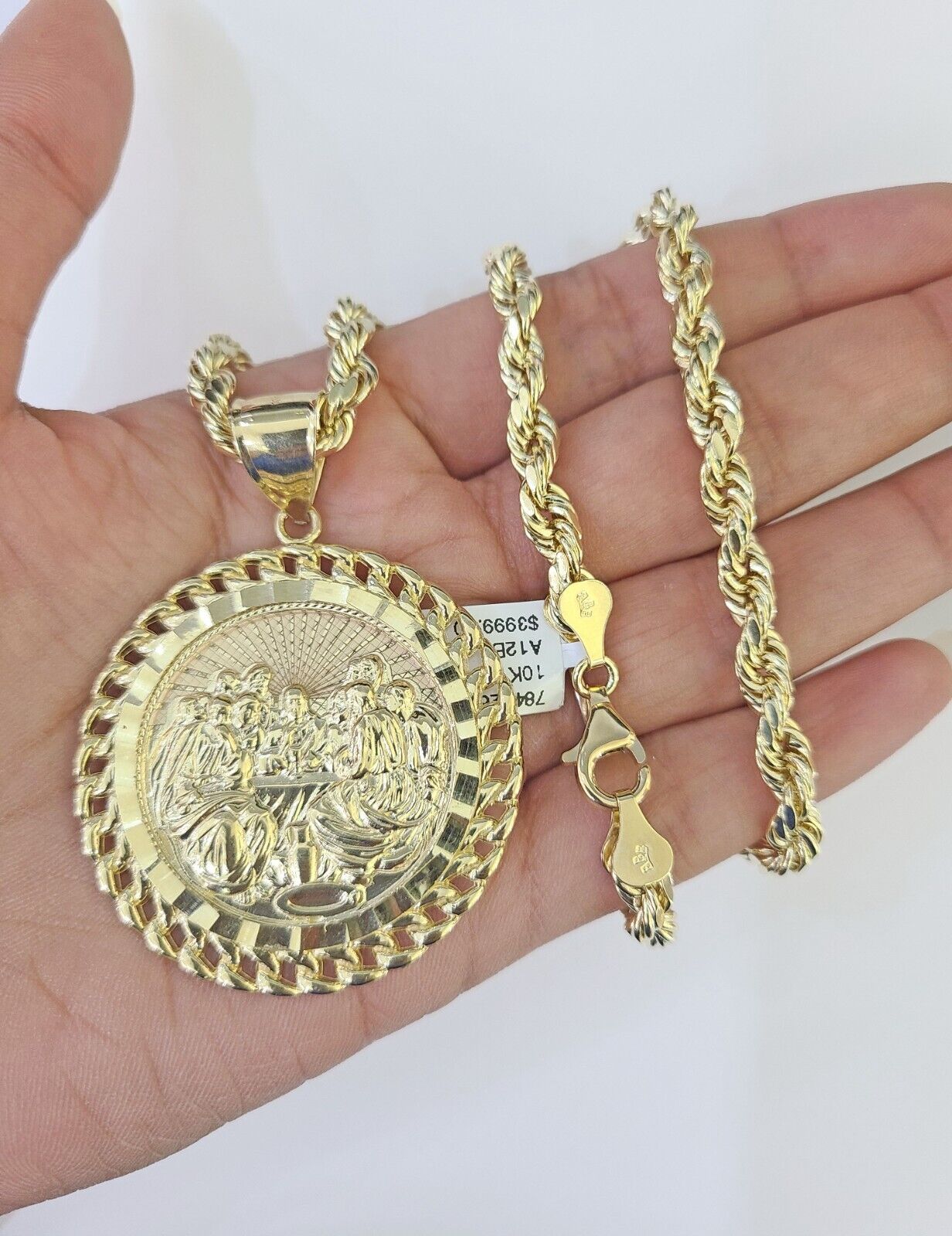 Real 10k Rope Chain Last Supper Charm Set 7mm 18"-26" Inch Necklace Yellow Gold