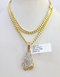 10k Miami Cuban Chain Diamond Praying Hands Charm Set 4mm 18"-28" Necklace Gold