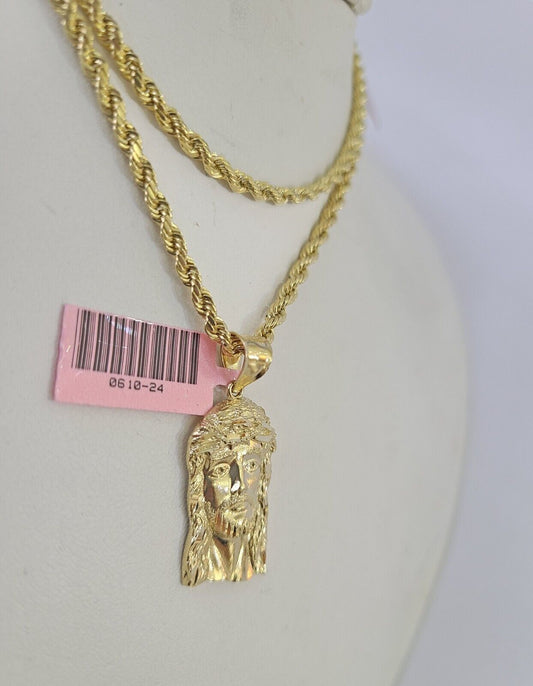 Real 14k Rope Chain Jesus Head Charm Set Yellow Gold 4mm 18-30" Necklace Pendant