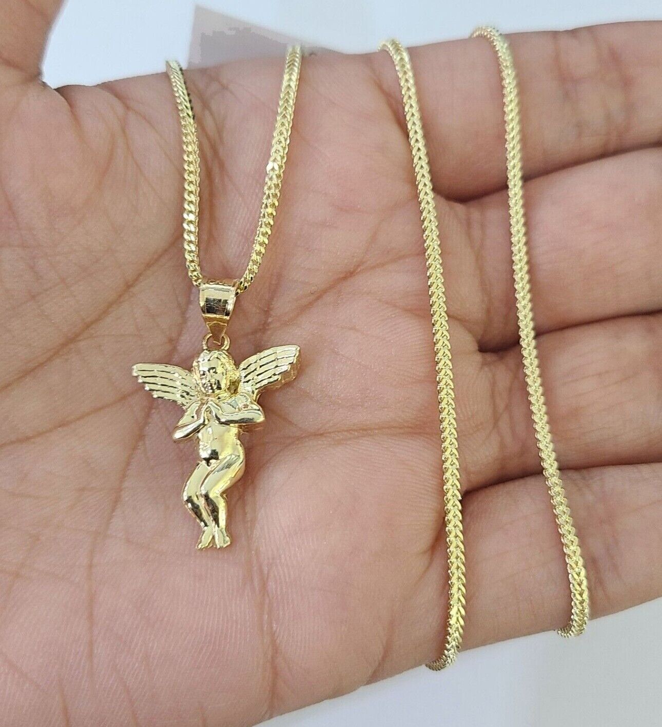 10K Gold Franco Chain Praying Angel Charm SET 16-20 Inches 1mm Ladies Women